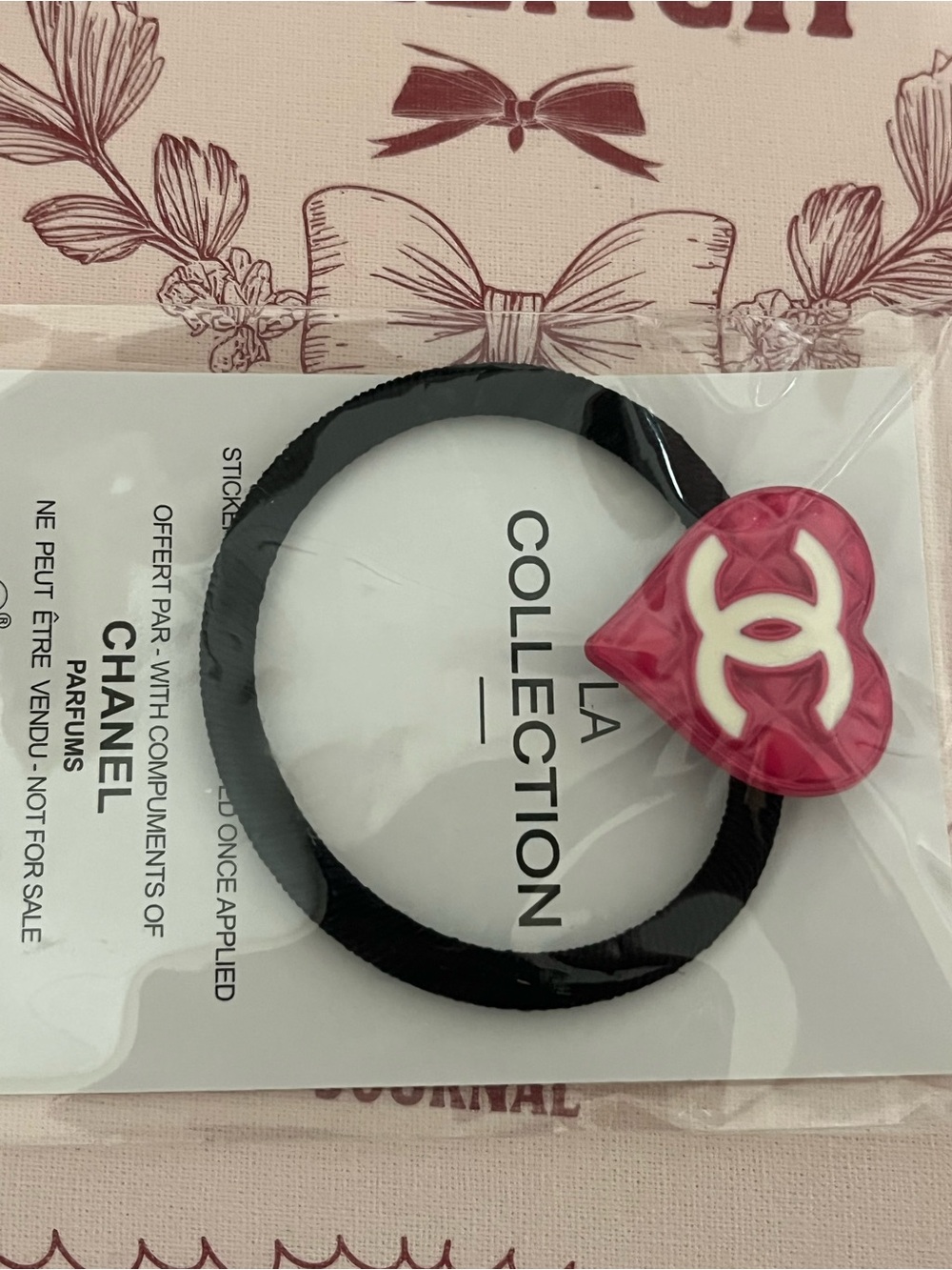 CHANEL Black Elastic Hair Tie with Pink Heart CC Charm